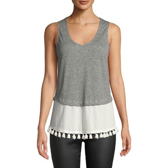 NWT Derek Lam 10 Crosby Sz S Scoop Tank W/Pom Pom Layered Striped Linen Top - Picture 1 of 11
